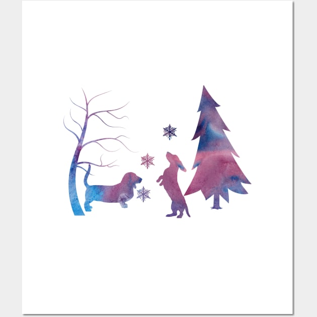 Basset Hound Winter Scene With Snowflakes Wall Art by BittenByErmines
